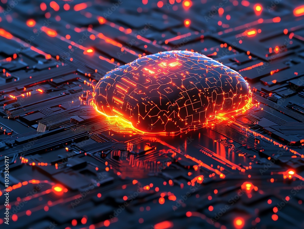 Poster A glowing, digital brain sits on a circuit board, representing artificial intelligence and advanced technology.