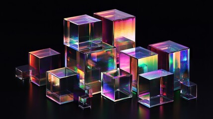 Abstract Isometric Composition of Colorful Glass Cubes with Holographic Effects. AI generated illustration