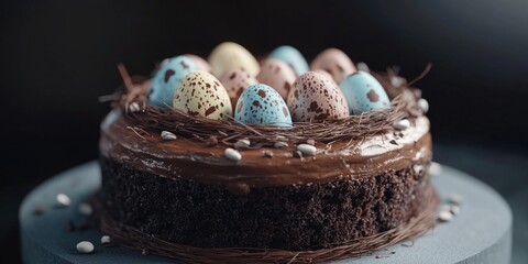 Decorative chocolate cake with decorative Easter eggs on top