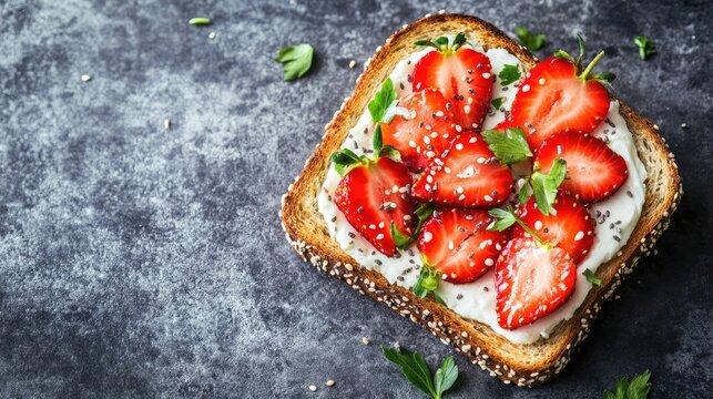 Avocado toast topped with strawberries soft cheese sesame seeds and herbs A healthy sandwich recipe for breakfast or lunch Mixed media top view with selective focus and ample copy space