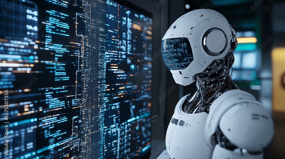 Poster A white humanoid robot stands in front of a large screen displaying lines of code. The robot is looking at the code with a thoughtful expression.