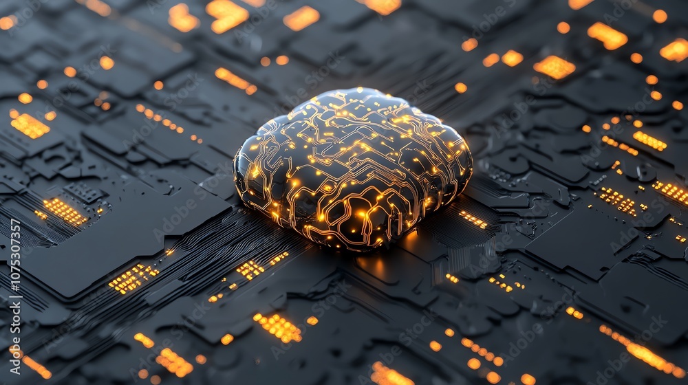Fototapete A glowing brain-shaped processor on a circuit board, representing artificial intelligence and the future of technology.