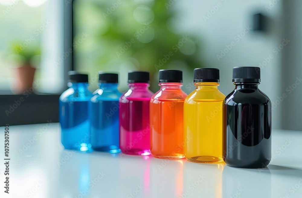Poster A row of colorful bottles with different colored liquids inside