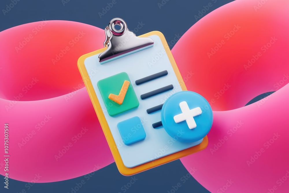 Poster A 3D rendering of a clipboard with a checklist and a plus button.