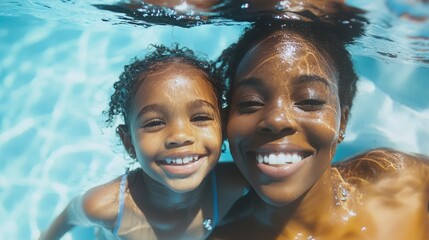 A joyful mother and child swimming together in a pool, sharing a lovely moment.