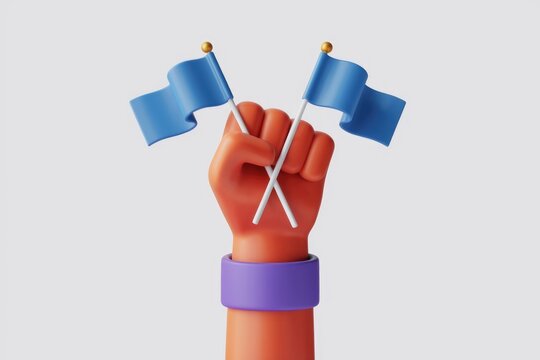 A 3D rendering of a hand holding two blue flags in a fist.