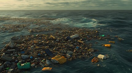 Waste including trash and non decomposable items accumulates on the surface of the ocean highlighting the pressing issue of environmental pollution