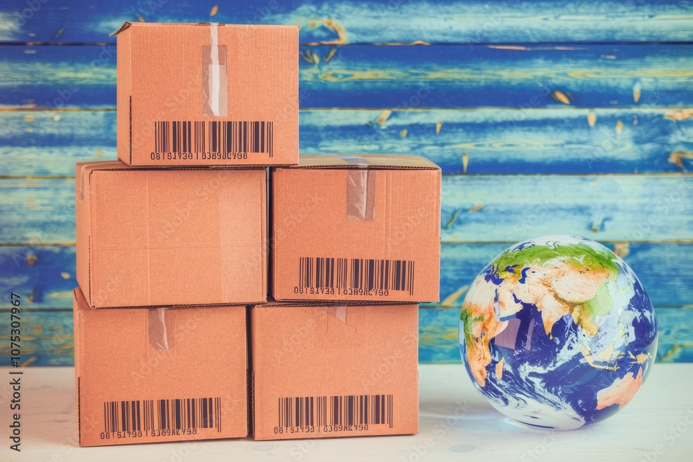 Poster Global shipping represented by stacked boxes  barcodes  globe  background.