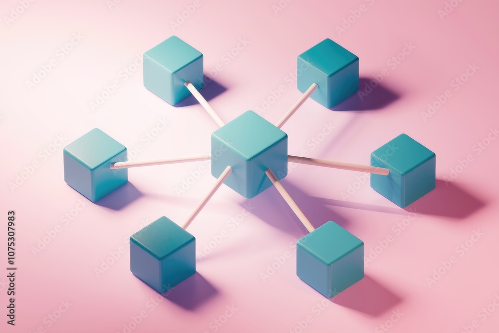 Poster abstract network of connected blue cubes on pink background