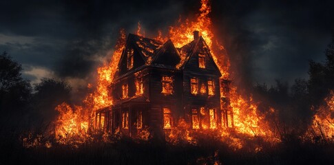Haunting Flames Consume a Mysterious Old Mansion. AI generated illustration