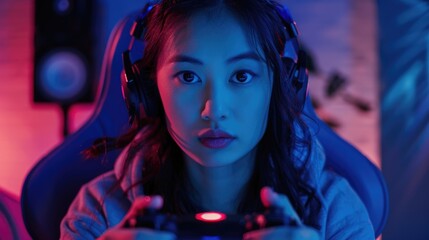 A young female gamer wearing headphones and playing a video game with a controller, set against an ambiently lit room.