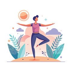 A woman practicing yoga outdoors Illustration. Fitness Illustration Vector Design