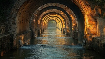 A series of arches over a flowing stream with sunlight illuminating the brickwork