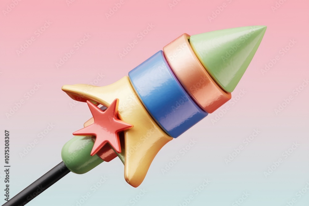 Poster a colorful 3d rocket with a star on a pastel background.