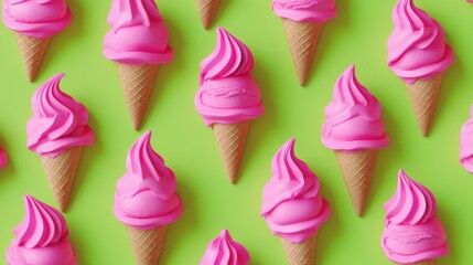 Colorful pink ice cream cones arranged on a bright green background, creating a fun and cheerful vibe.
