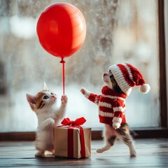 Two happy small pets,  sit in red Santa hat, Merry Christmas and Happy New Year, closeup