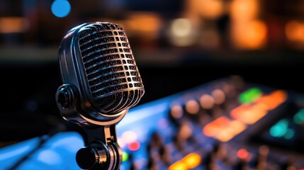 Microphone placed in a radio studio emphasizing the microphone