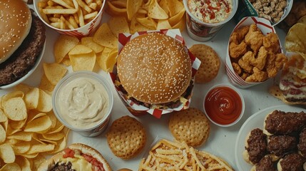 Assortment of fast foods ready to eat. Includes popular American favorites such as hamburgers, fries, chili cheese fries, chips, salsa and condiments.