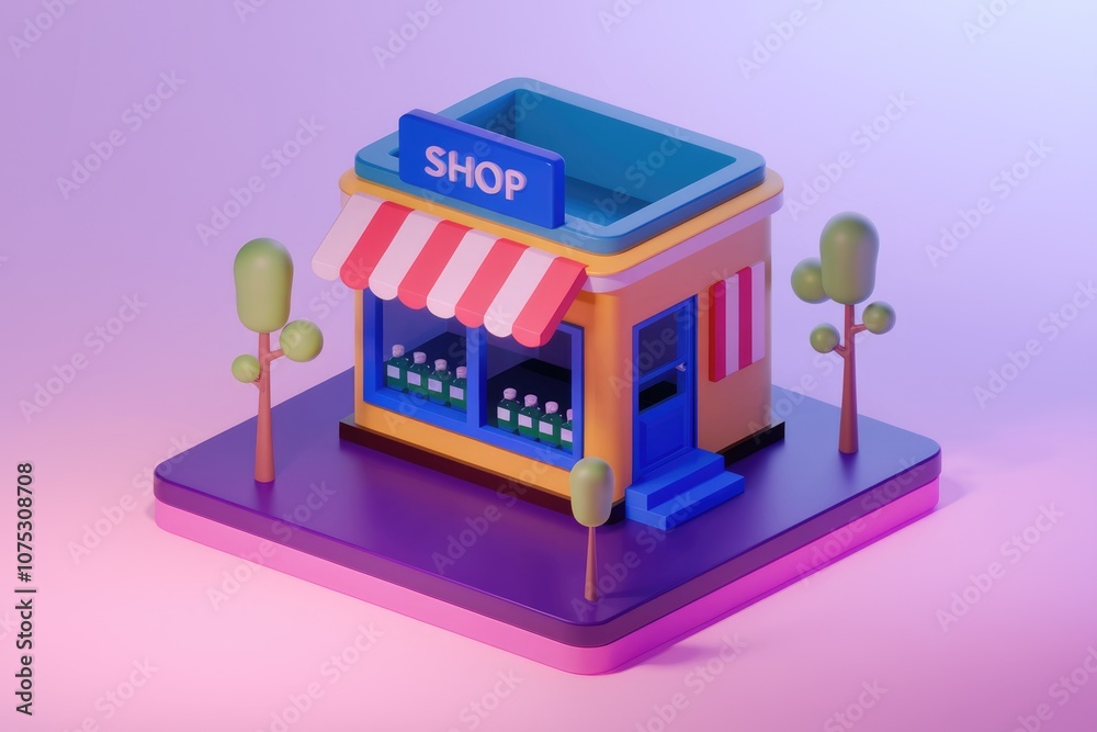 Poster vibrant 3d rendering of small shop with striped awning.