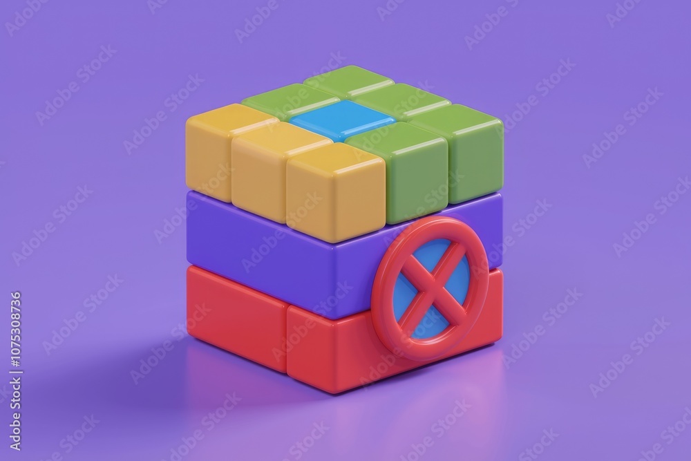 Poster A colorful cube with a red circle and a cross on a purple background.