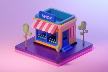 Vibrant 3D rendering of small shop with striped awning.