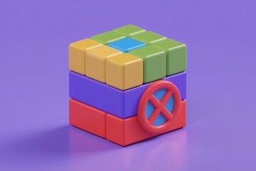 Obraz premium A colorful cube with a red circle and a cross on a purple background.