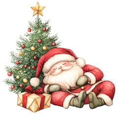 Watercolor illustration of Santa Claus sleeping beside a decorated Christmas tree with a gift box on a transparent background. Perfect for holiday cards, festive decorations.