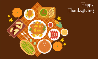 Traditional Thanksgiving Dinner Table Top View Flat Design. Thanksgiving Eating Cuisine Dishes View from Above Illustration
