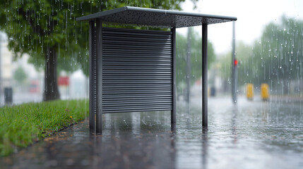 Fototapeta premium Rainy bus stop, horizontal front shades, serene atmosphere