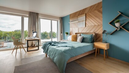 Naklejka premium Home bedroom interior with work table, accent wall and panoramic window