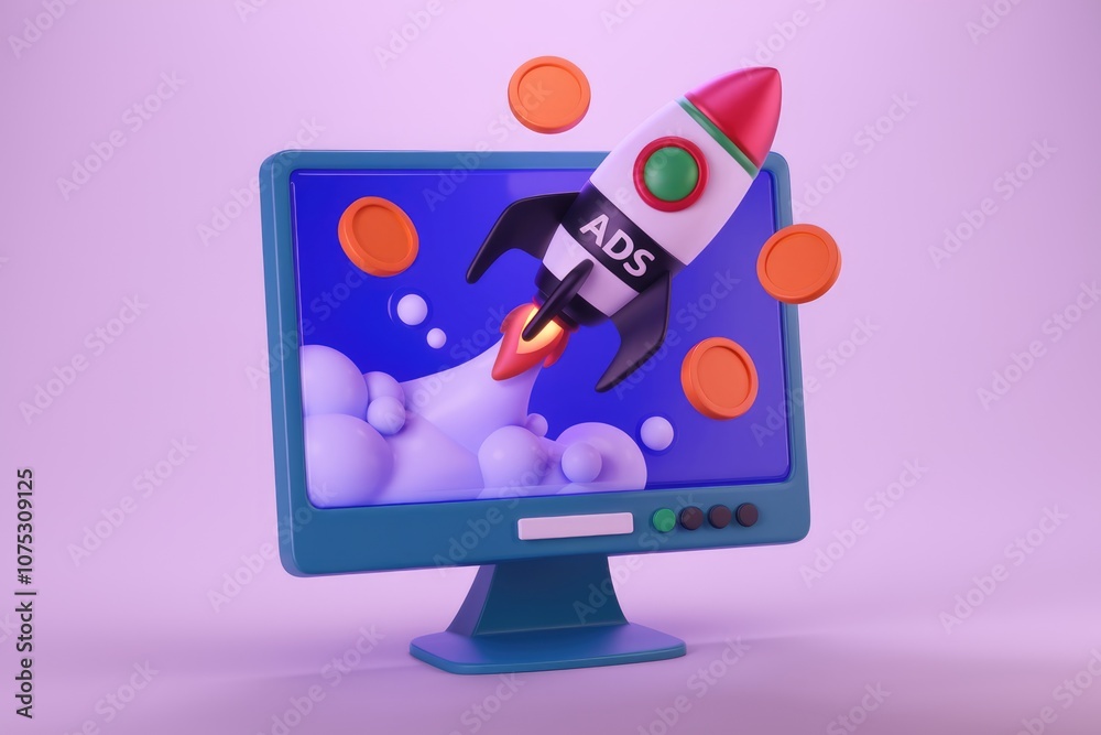 Poster A rocket with ADS on it launches from a computer monitor  symbolizing digital marketing growth.