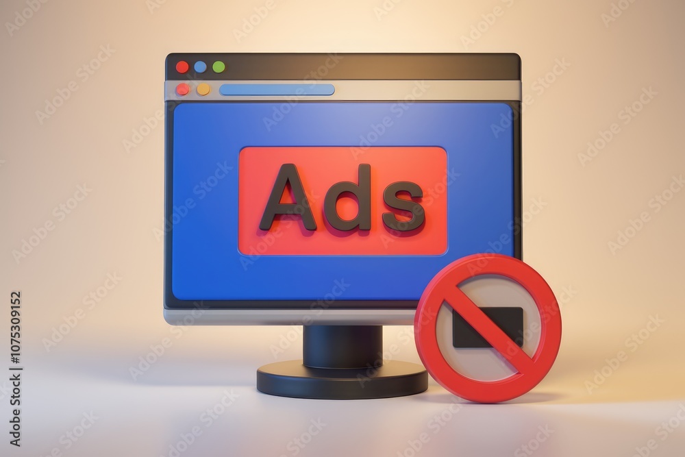 Poster A computer monitor with a no ads sign  indicating a block.