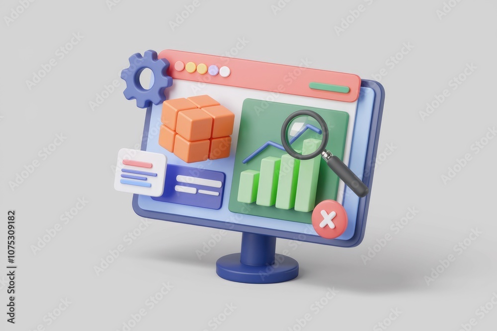 Aufkleber Computer monitor with data analysis  optimization  and performance icons.