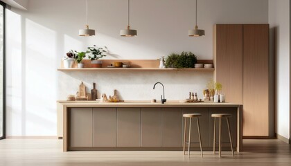 Home kitchen interior with bar counter and cooking cabinet. Mockup wall