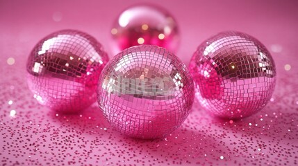 Four sparkling pink disco balls glisten against a backdrop of pink glitter, creating a festive and fun atmosphere.