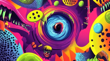 A vibrant, surreal digital artwork featuring swirling colors and abstract shapes, evoking a sense of adventure and fantasy.