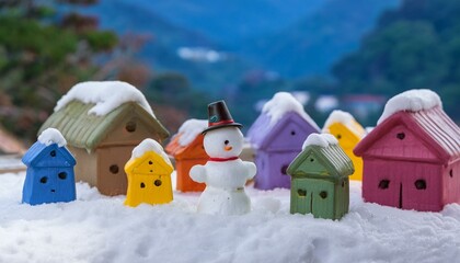 Naklejka premium fairy tale snowman village toy