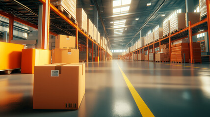 clean organized warehouse interior with stacked boxes and bright lighting