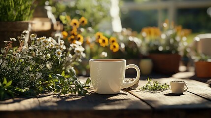Obraz premium A serene garden scene featuring a white cup on a wooden table surrounded by blooming flowers and plants, capturing a tranquil moment in nature.
