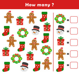 Christmas activity sheet. Counting educational children game. Math kids activity sheet. How many counting game with cute christmas illustration.