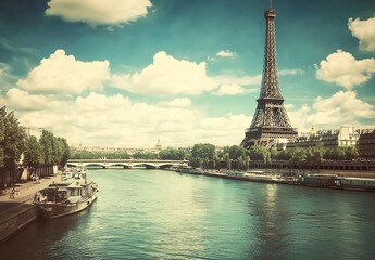 Fototapeta premium Vintage postcard with a photo of the Eiffel Tower and a Paris panorama
