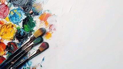 Obraz premium Vibrant Color Palette with Paintbrushes on Isolated Background, Showcasing Artistic Materials Ready for Creative Expression and Painting Projects