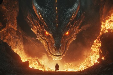 Epic Encounter with a Giant Dragon in a Dark Cave. AI generated illustration