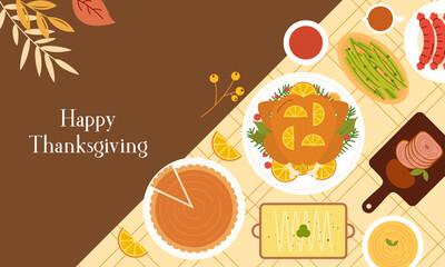 Traditional Thanksgiving Dinner Table Top View Flat Design. Thanksgiving Eating Cuisine Dishes View from Above Illustration