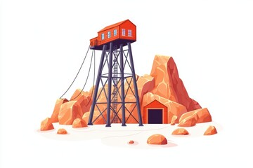 Fototapeta premium Mining tower structure set against rocky terrain, isolated on white background.
