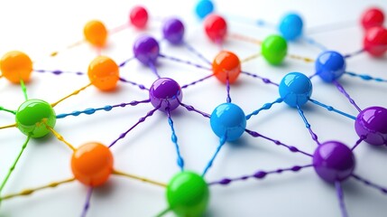 Colorful nodes connected by lines, representing a network or connection system on a white isolated background.