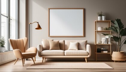 Home living room interior couch and armchair with shelf, window and mockup frame