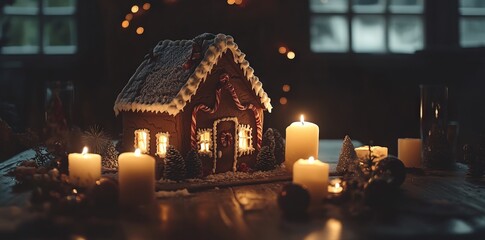 Obraz premium Festive Gingerbread House Illuminated by Candlelight. AI generated illustration