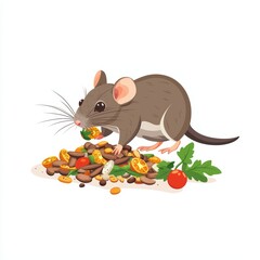 Mouse foraging on a pile of food, white isolate background.