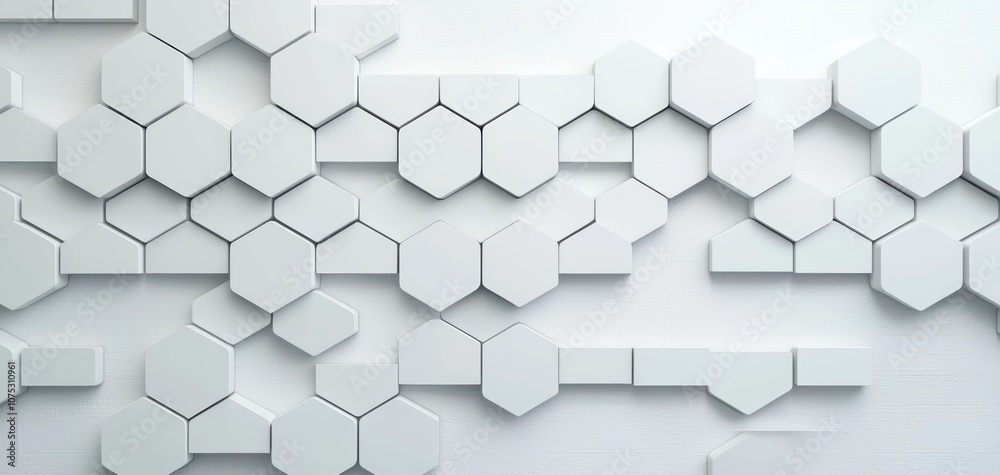 Poster A modern, abstract background featuring interlocking hexagonal shapes in a sleek, white design.